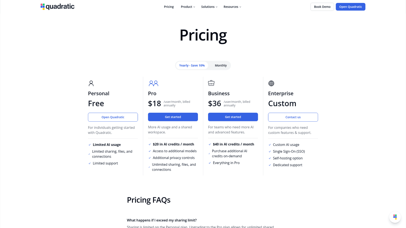 Quadratic pricing page with the Personal, Pro, Business, and Enterprise plans, as taken from Quadratic