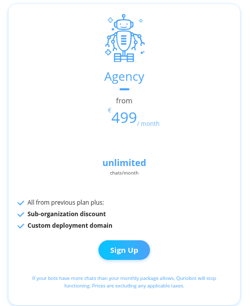 Quriobot's Agency plan card showing a price from €499 a month with unlimited chats, a sub-organization discount and a custom deployment domain, as taken from Quriobot's pricing page