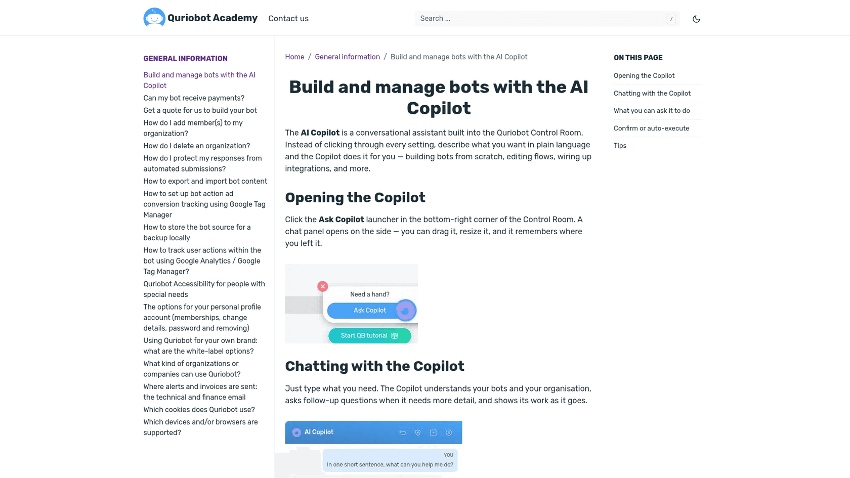 Quriobot Academy page "Build and manage bots with the AI Copilot" showing the Ask Copilot launcher and the Copilot chat panel, as taken from Quriobot Academy