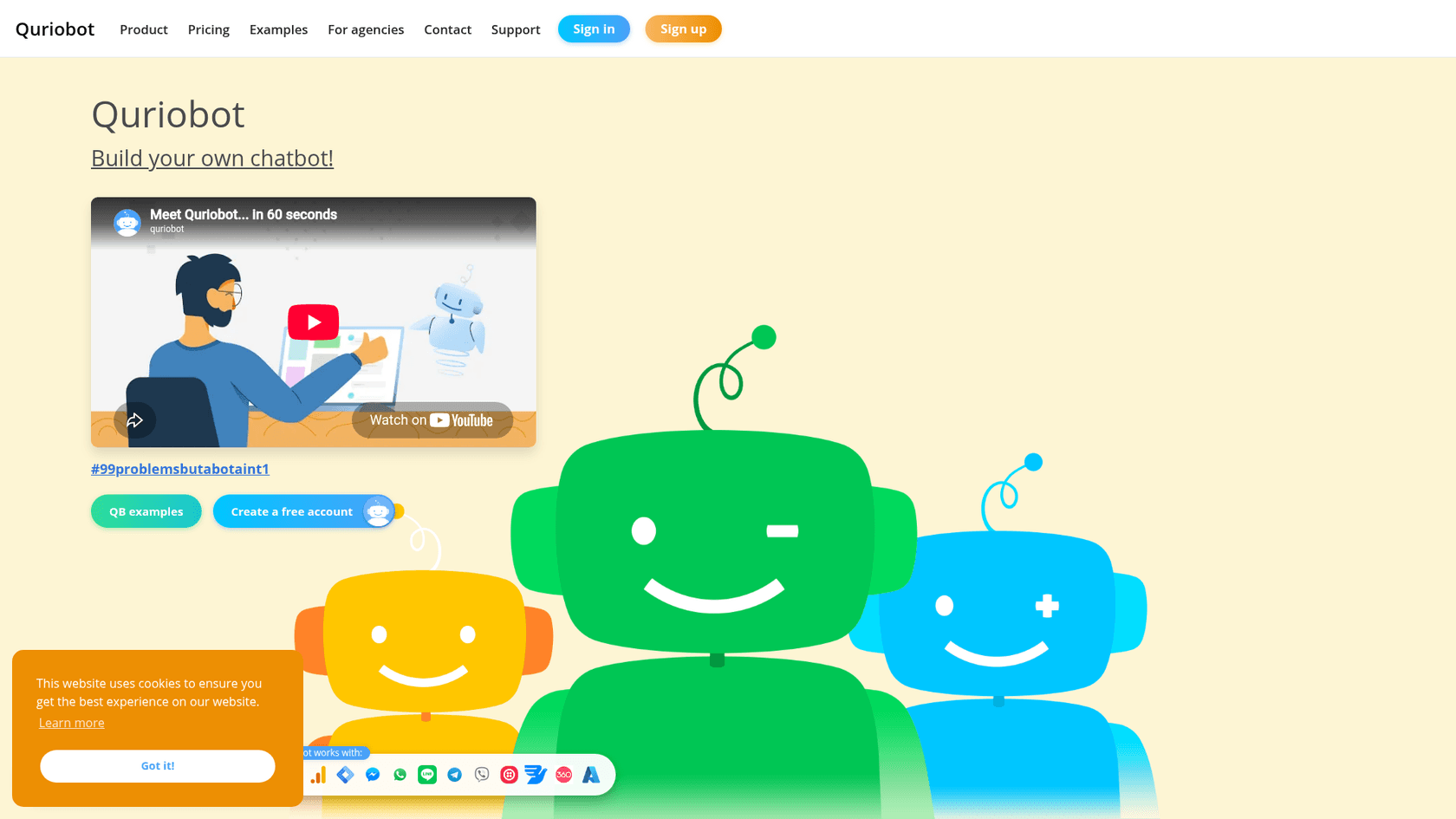 Quriobot homepage with the "Build your own chatbot!" headline, a 60-second intro video and three cartoon robot mascots, as taken from Quriobot