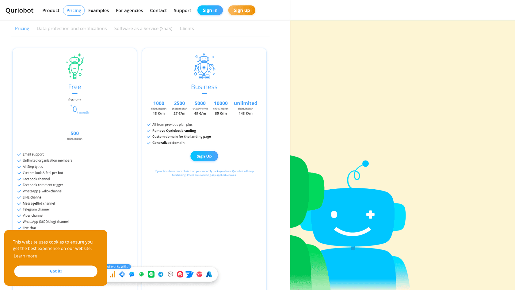 Quriobot pricing page showing the Free plan at €0 a month for 500 chats and the Business plan tiers from 1,000 chats at €13 to unlimited at €143 a month, as taken from Quriobot's pricing page