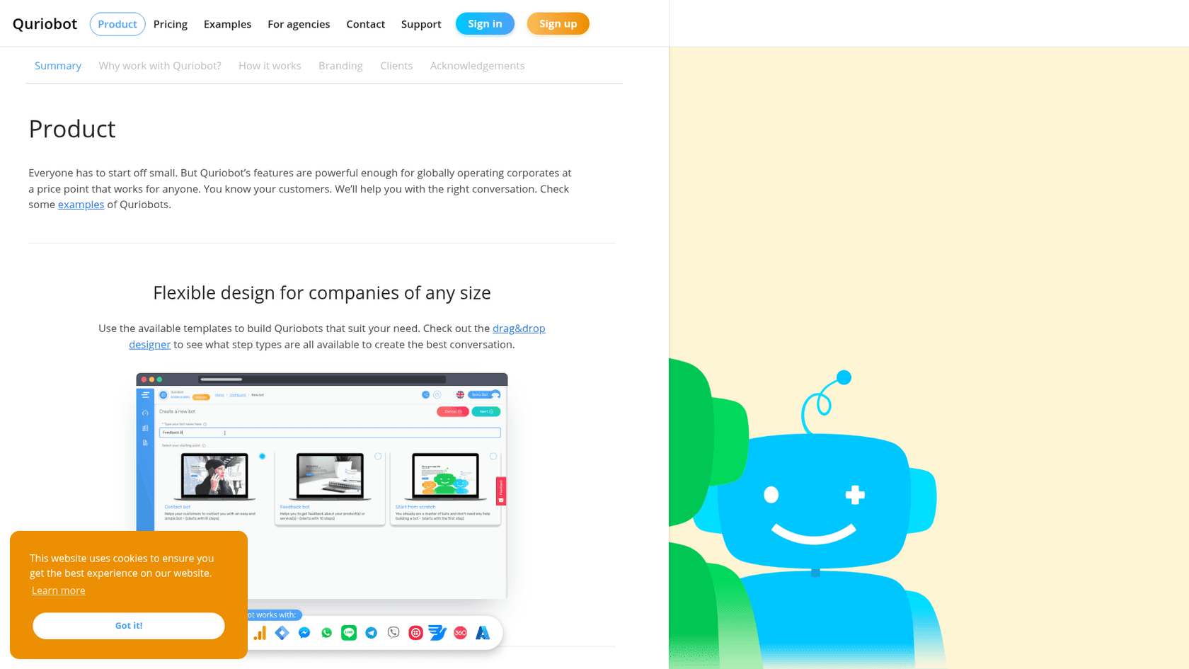 Quriobot product page showing the "Flexible design for companies of any size" section with bot templates such as a contact bot and a feedback bot, as taken from Quriobot's product page