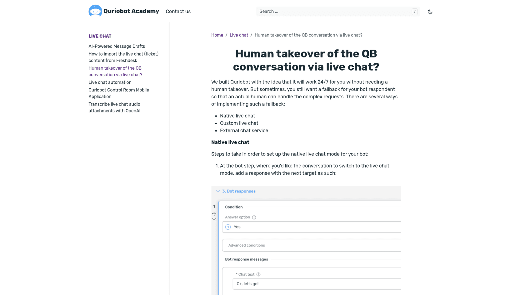 Quriobot Academy page on human takeover via live chat, listing native live chat, custom live chat and external chat service, with the bot response editor below, as taken from Quriobot Academy