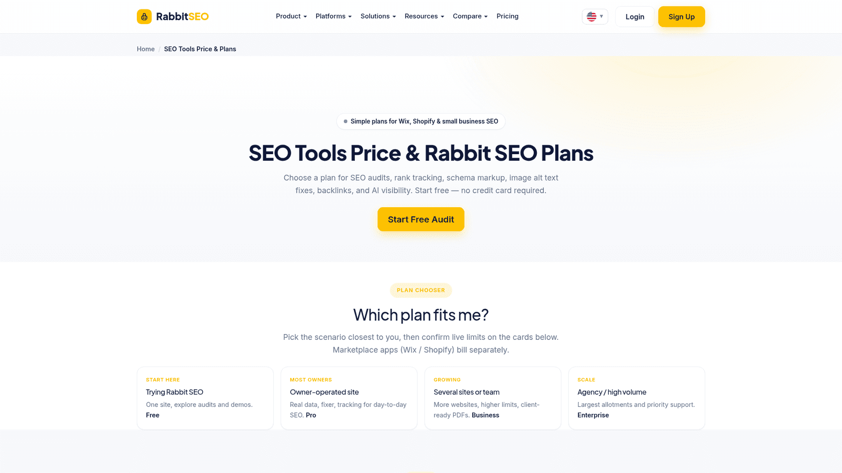 Rabbit SEO's own pricing page headed SEO Tools Price and Rabbit SEO Plans, with a plan chooser for Free, Pro, Business and Enterprise and a note that marketplace apps bill separately, as taken from rabbitseo.com