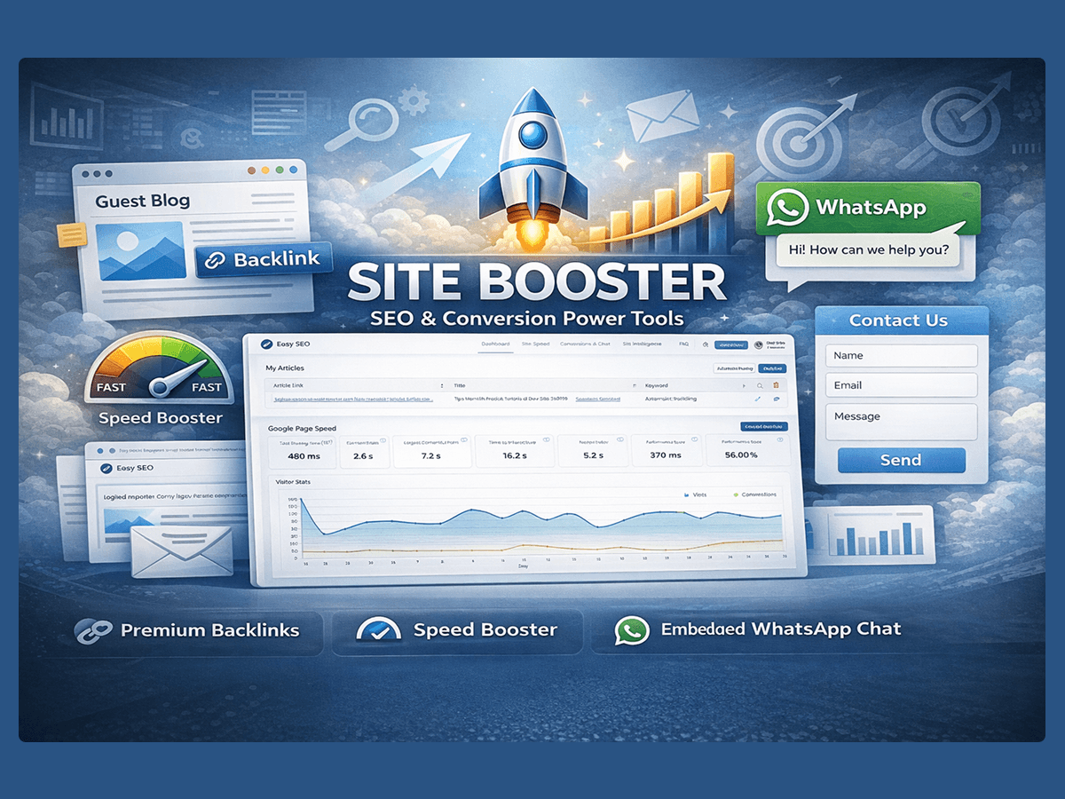 Vendor gallery image for Site Booster showing a dashboard mockup with My Articles, Google Page Speed scores and Visitor Stats, flanked by a WhatsApp popup and a Contact Us form, as taken from the Wix App Market listing