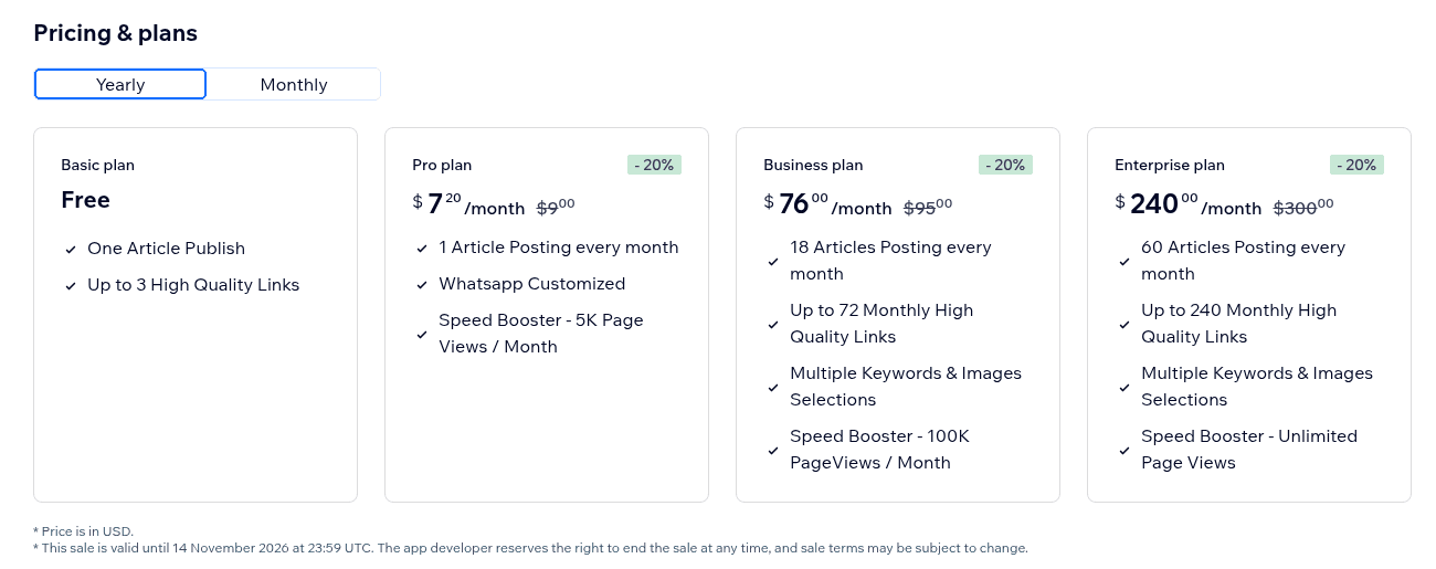 The Pricing and plans section of the Wix listing on the Yearly toggle, showing Free, Pro at $7.20 a month down from $9, Business at $76 down from $95 and Enterprise at $240 down from $300, as taken from the Wix App Market