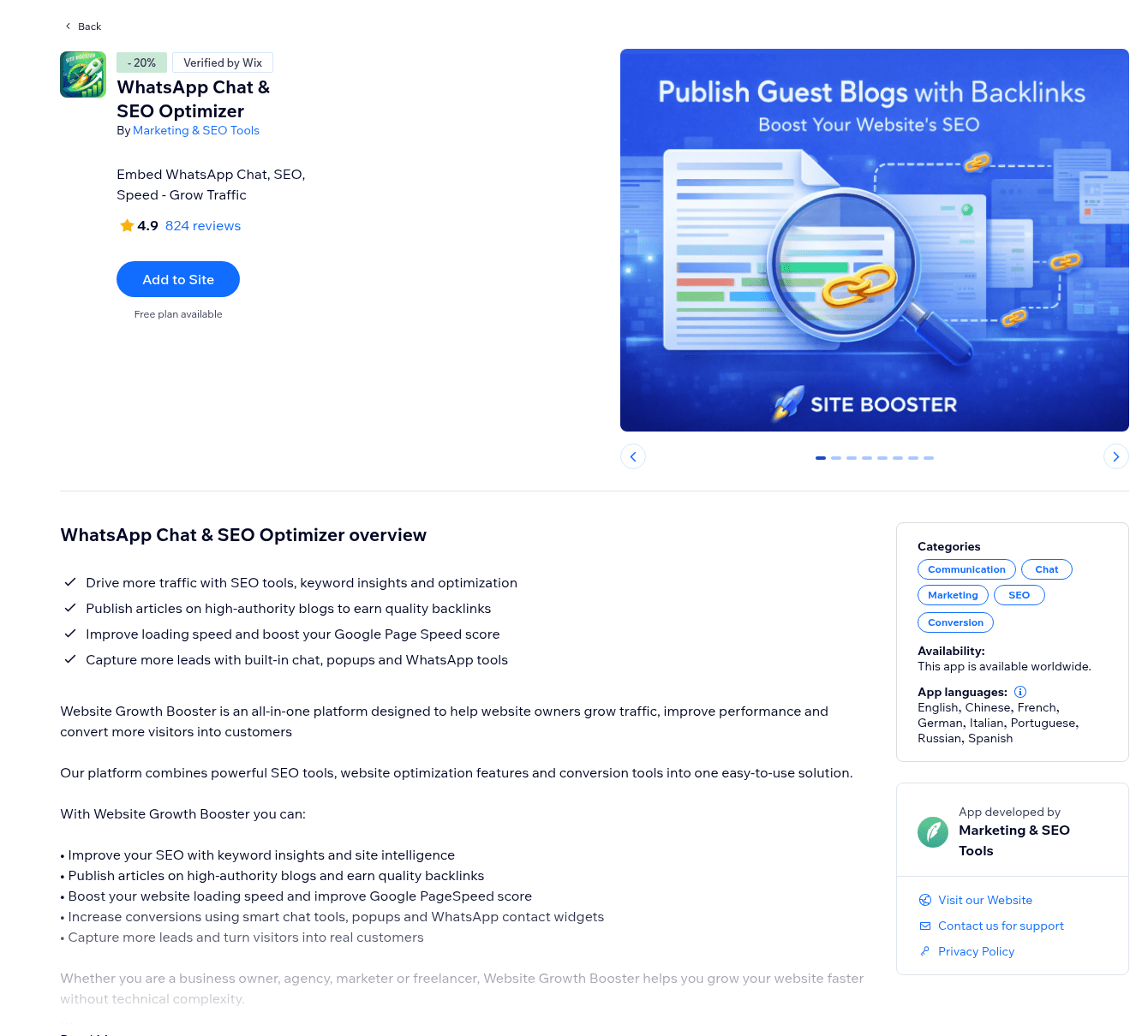 The WhatsApp Chat & SEO Optimizer listing on the Wix App Market, showing Verified by Wix, a 20% sale badge, 4.9 stars from 824 reviews and a Publish Guest Blogs with Backlinks banner, as taken from the Wix App Market