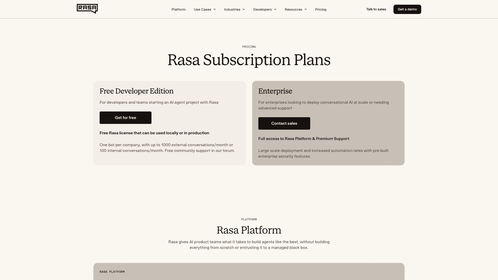 Rasa subscription plans showing the free Developer Edition and the Enterprise plan, as taken from Rasa