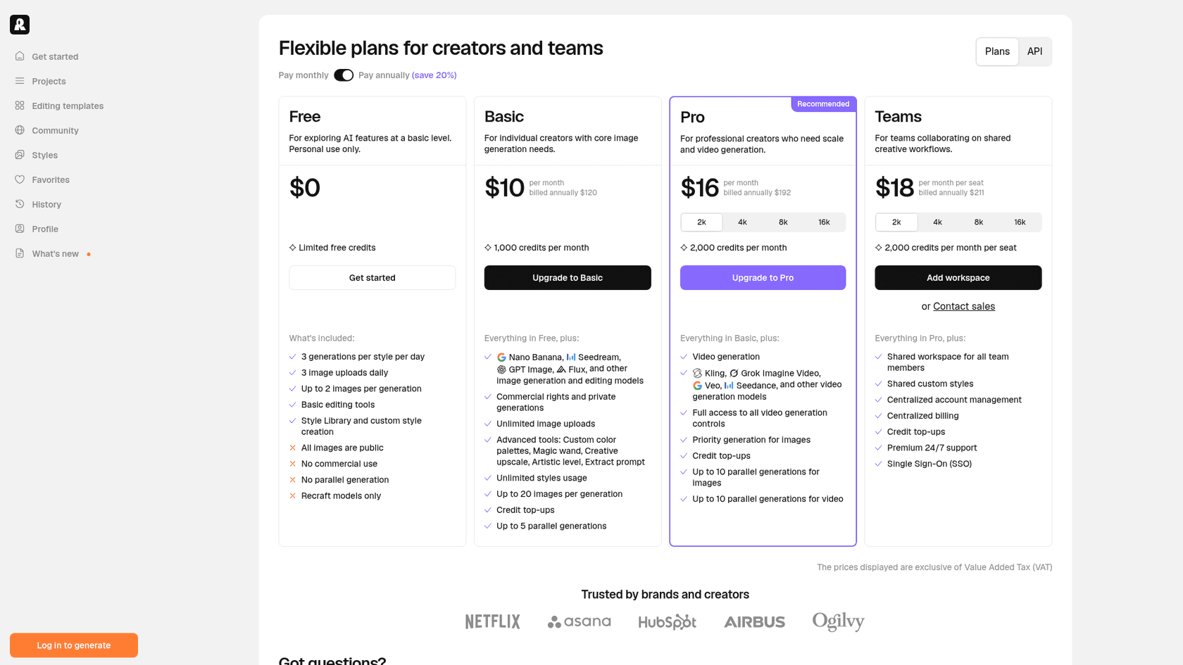 Recraft's pricing page showing the Free, Basic, Pro and Teams plans, as taken from Recraft