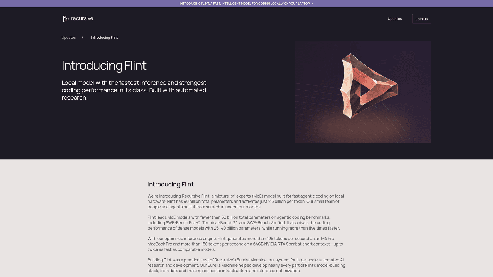Recursive's Flint launch page, which pitches it as a local model with the fastest inference in its class, as taken from Recursive