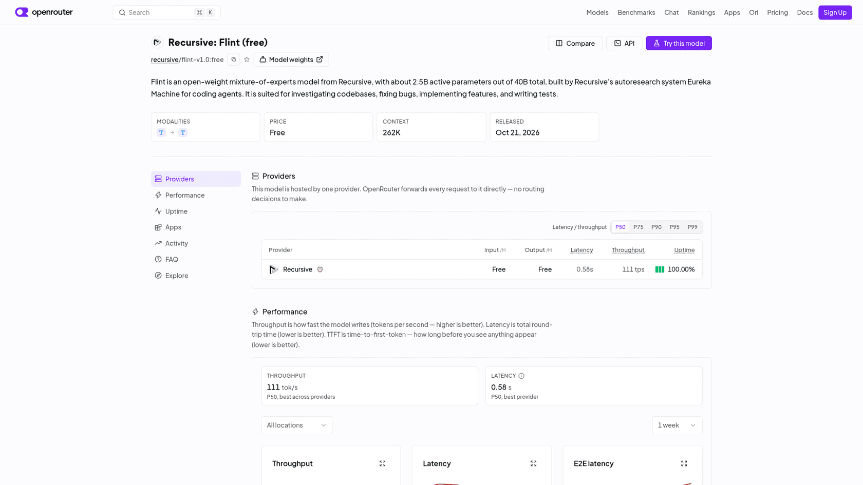 OpenRouter's Flint (free) page showing a single Recursive provider, free input and output, a 262K context and 111 tokens per second, as taken from OpenRouter