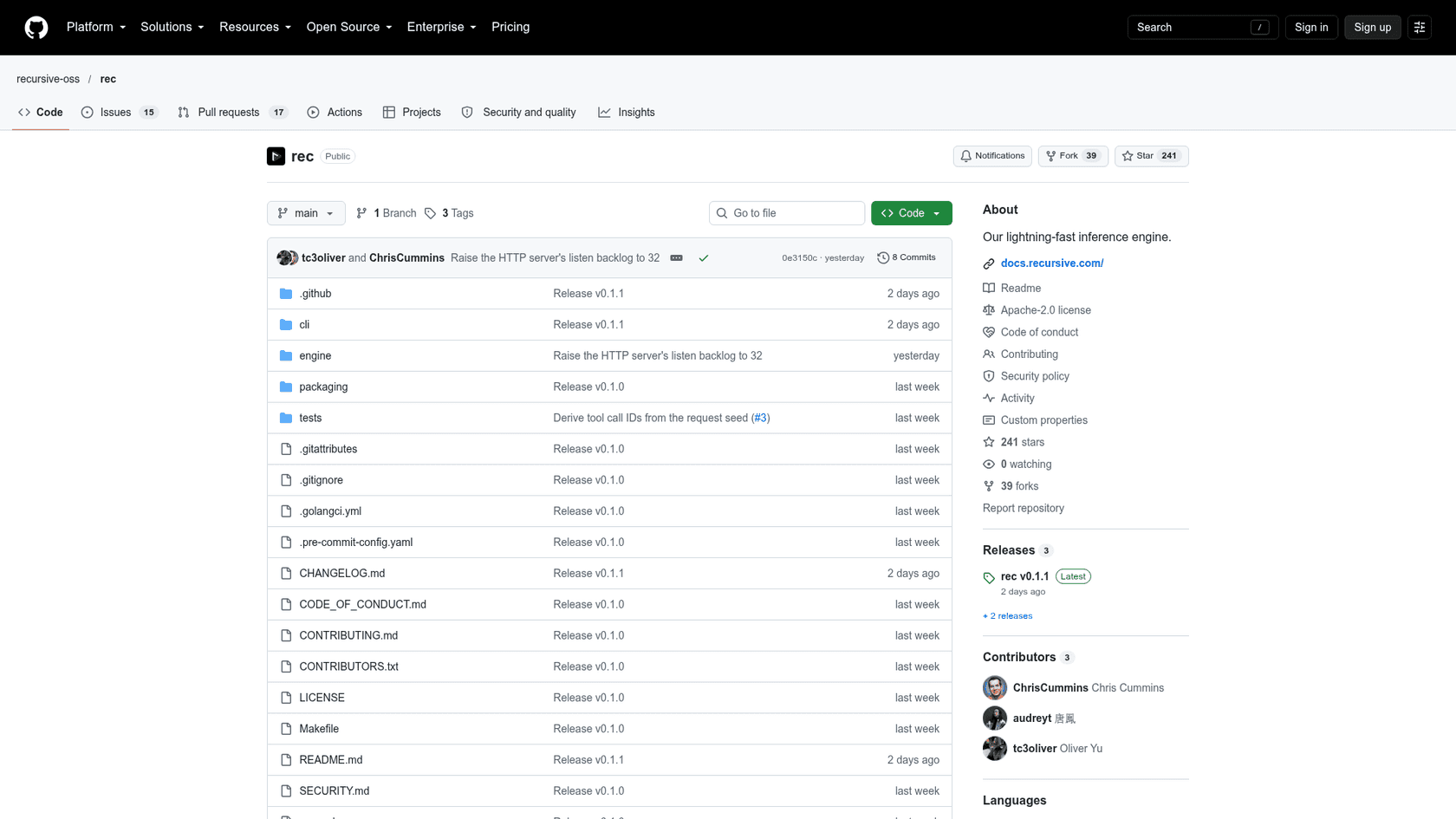 The recursive-oss/rec repository on GitHub, Recursive's Apache 2.0 inference engine for running Flint on Apple Silicon, as taken from GitHub