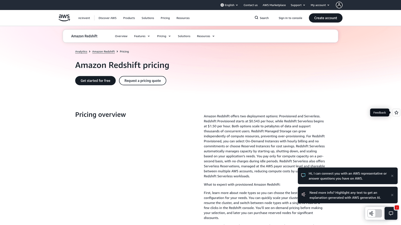 Amazon Redshift pricing page showing Provisioned from $0.543 per hour and Serverless from $1.50 per hour, as taken from AWS