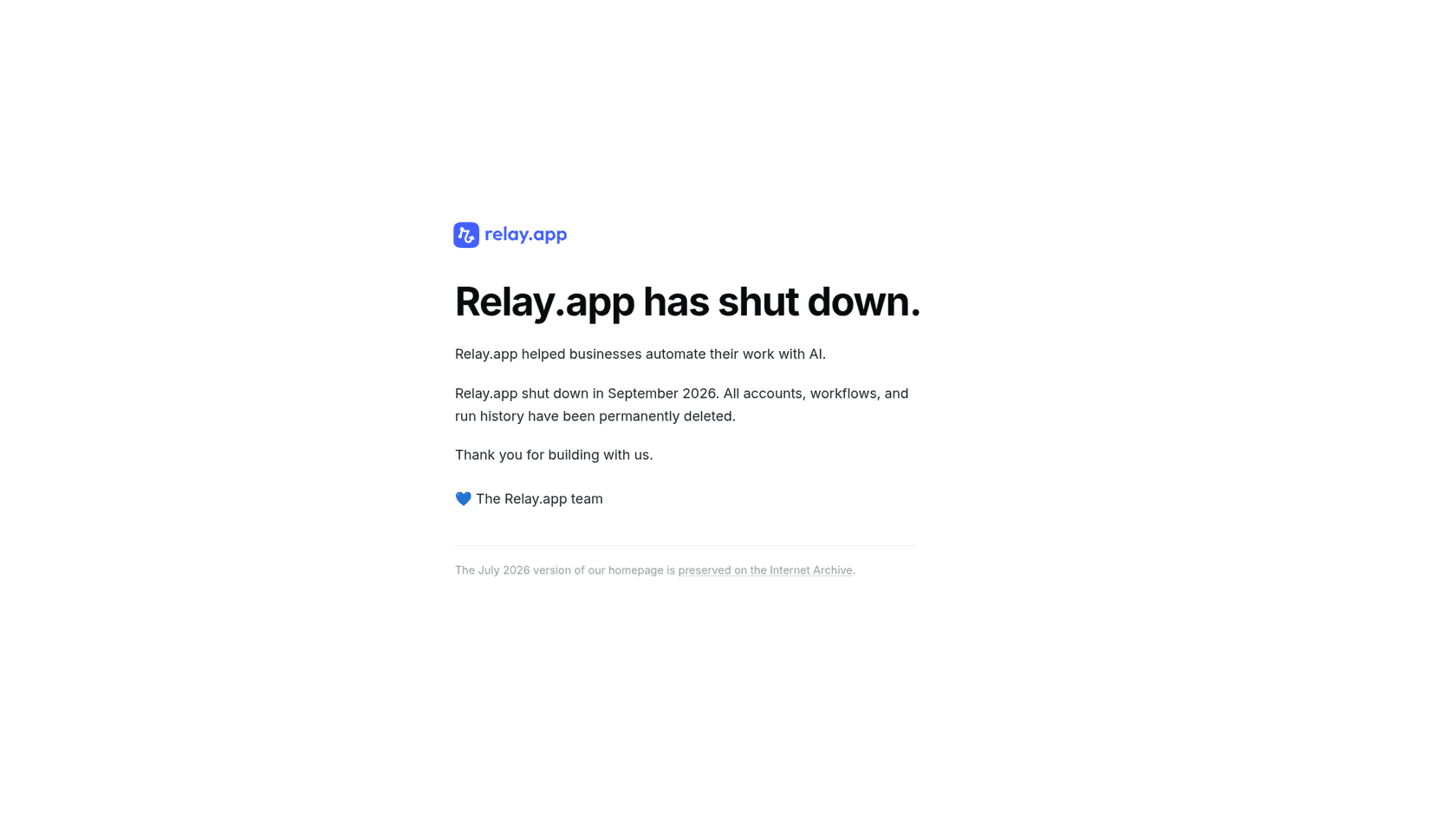 Relay.app homepage showing the shutdown notice, as taken from relay.app