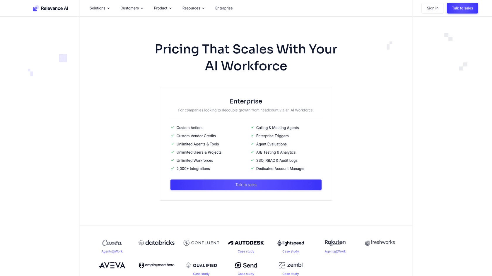Relevance AI pricing page showing an Enterprise plan with a Talk to sales button, as taken from Relevance AI