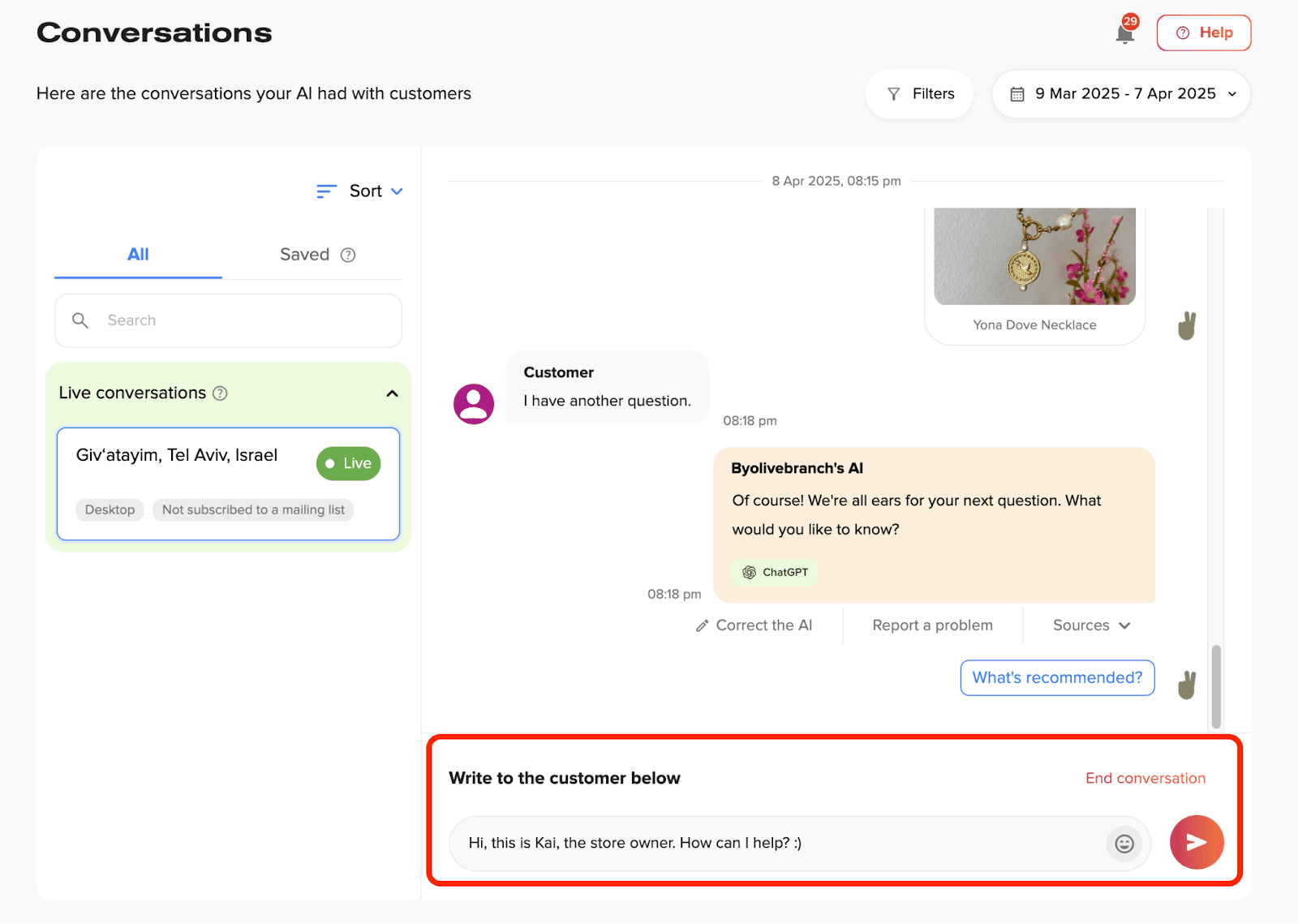Rep AI's Conversations page with a live conversation selected, the AI's reply marked with a ChatGPT label and Correct the AI, Report a problem and Sources links, and a highlighted box at the bottom where the store owner writes to the customer, as taken from the Rep AI help center