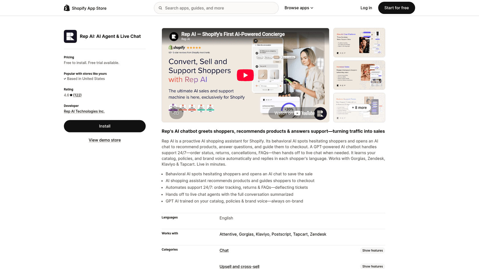 Rep AI's Shopify App Store listing showing the app name Rep AI: AI Agent & Live Chat, a 4.6 rating from 122 reviews, free to install with a free trial, and a gallery video titled Shopify's First AI-Powered Concierge, as taken from the Shopify App Store