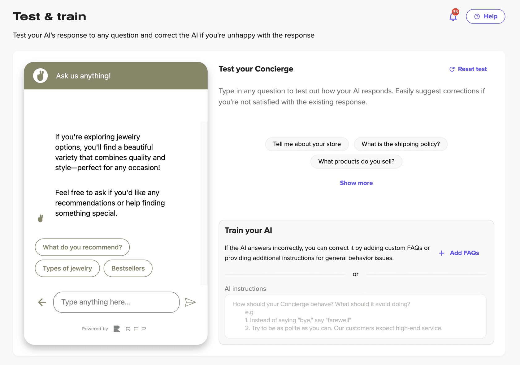 Rep AI's Test and train page with a preview of a jewelry store's chat widget on the left and, on the right, suggested test questions and a Train your AI panel with an Add FAQs button and an AI instructions field, as taken from the Rep AI help center
