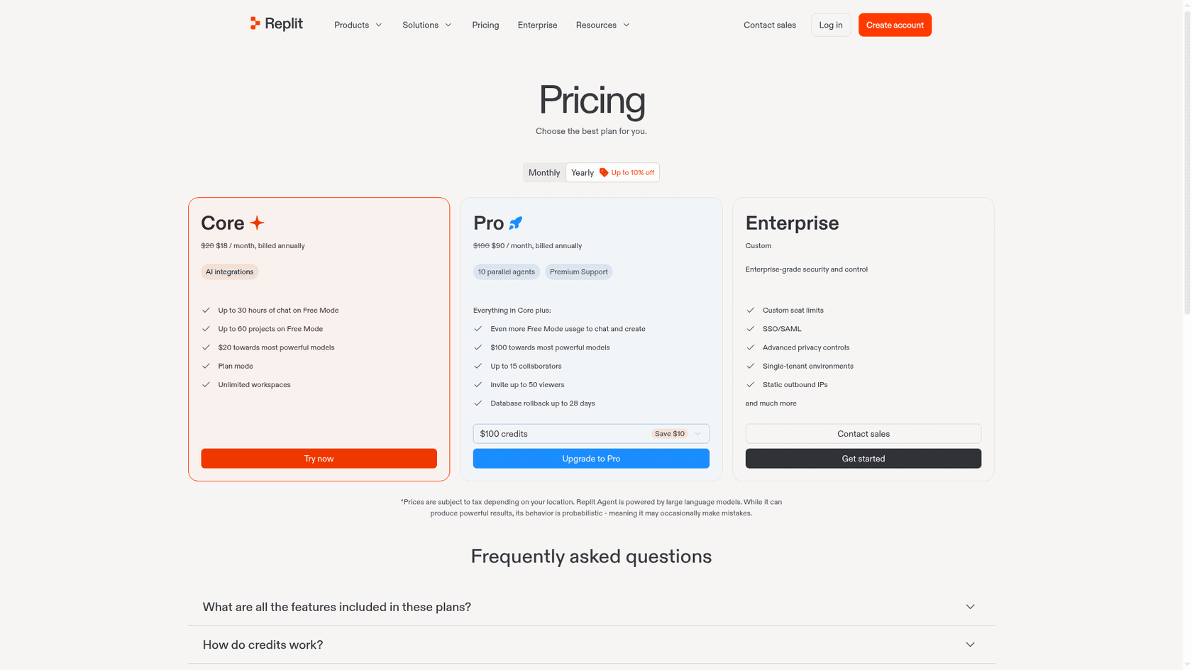 Replit pricing page showing the Core, Pro and Enterprise plans, as taken from Replit