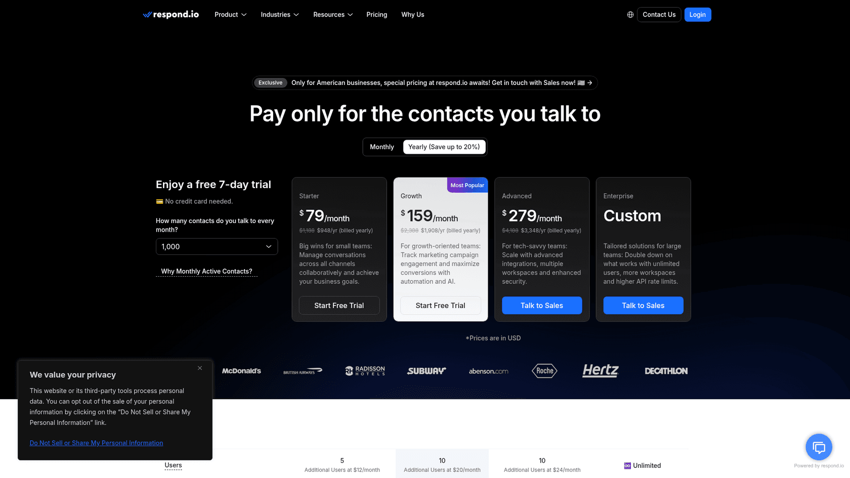 respond.io pricing page showing Starter at $79, Growth at $159 and Advanced at $279 a month billed yearly, with a contact slider set to 1,000, as taken from respond.io