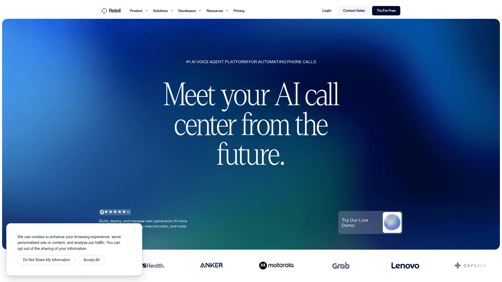 Retell AI homepage with the "AI call center from the future" headline and a 4.8 G2 badge, as taken from Retell AI