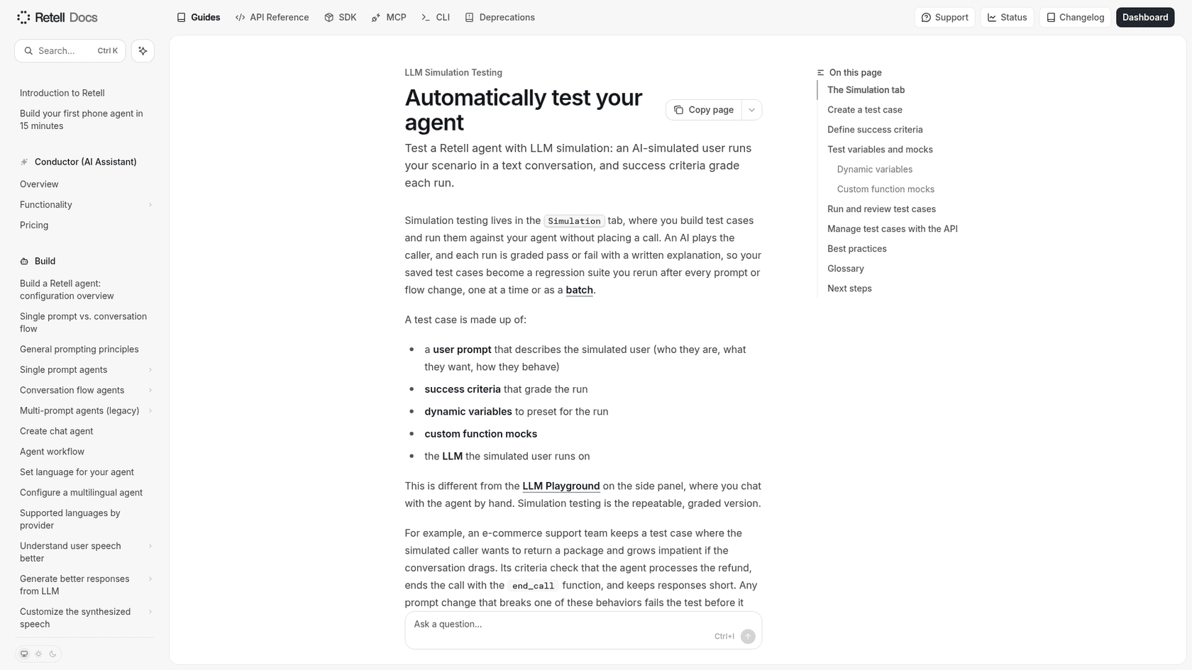 Retell AI simulation testing docs page, as taken from Retell docs