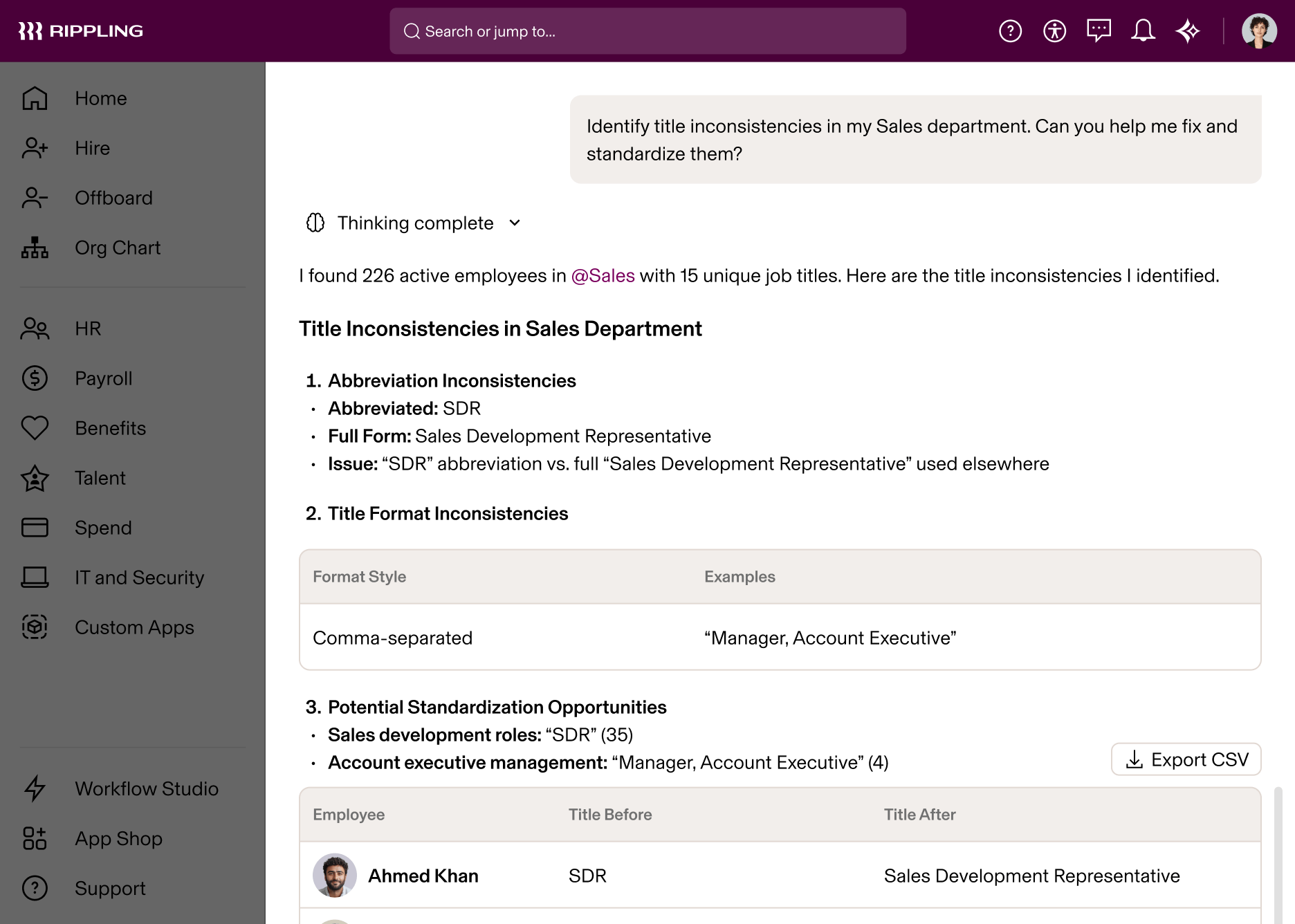 Rippling AI mit Analyse von Jobtitel-Inkonsistenzen