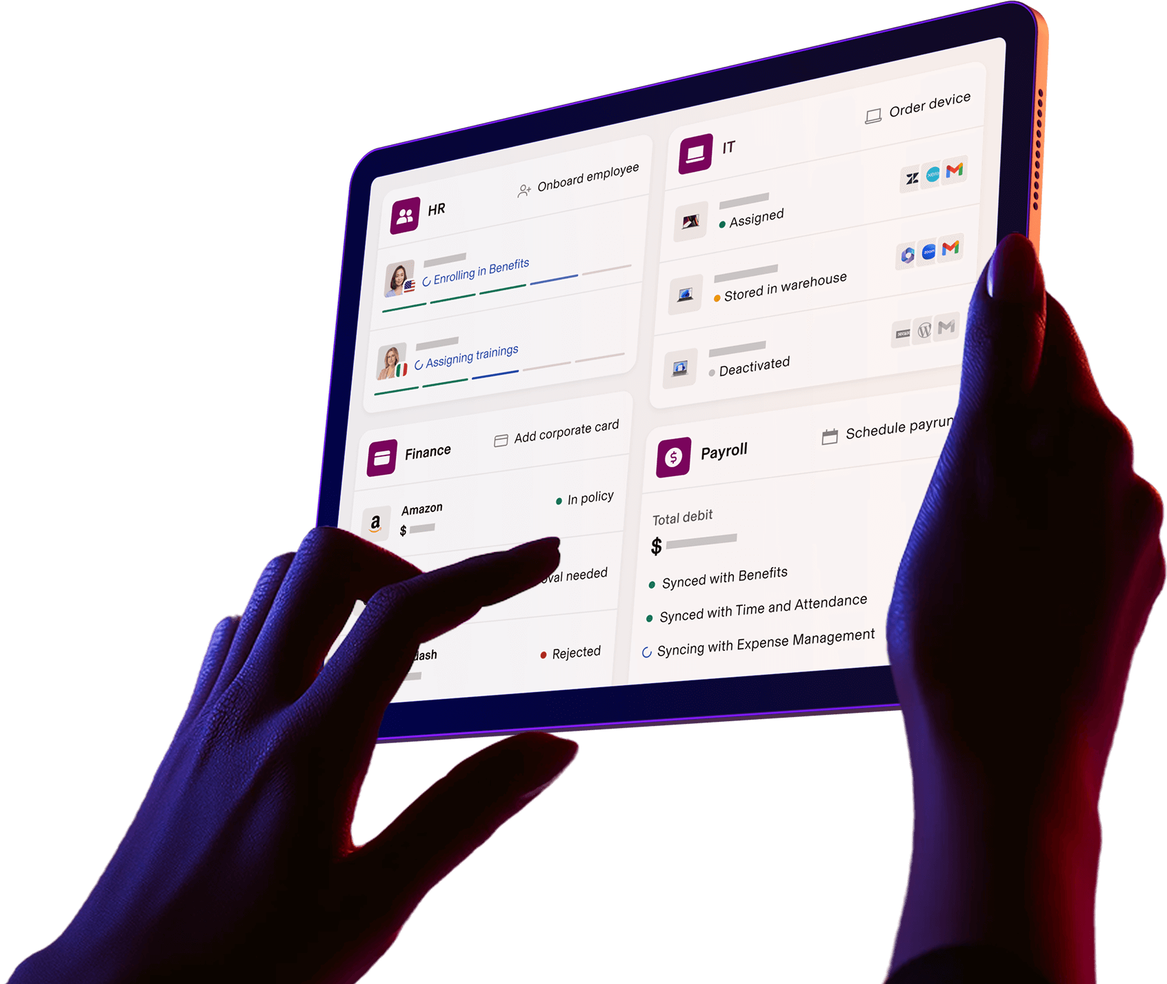 Rippling-Dashboard mit HR-, IT-, Finance- und Payroll-Apps