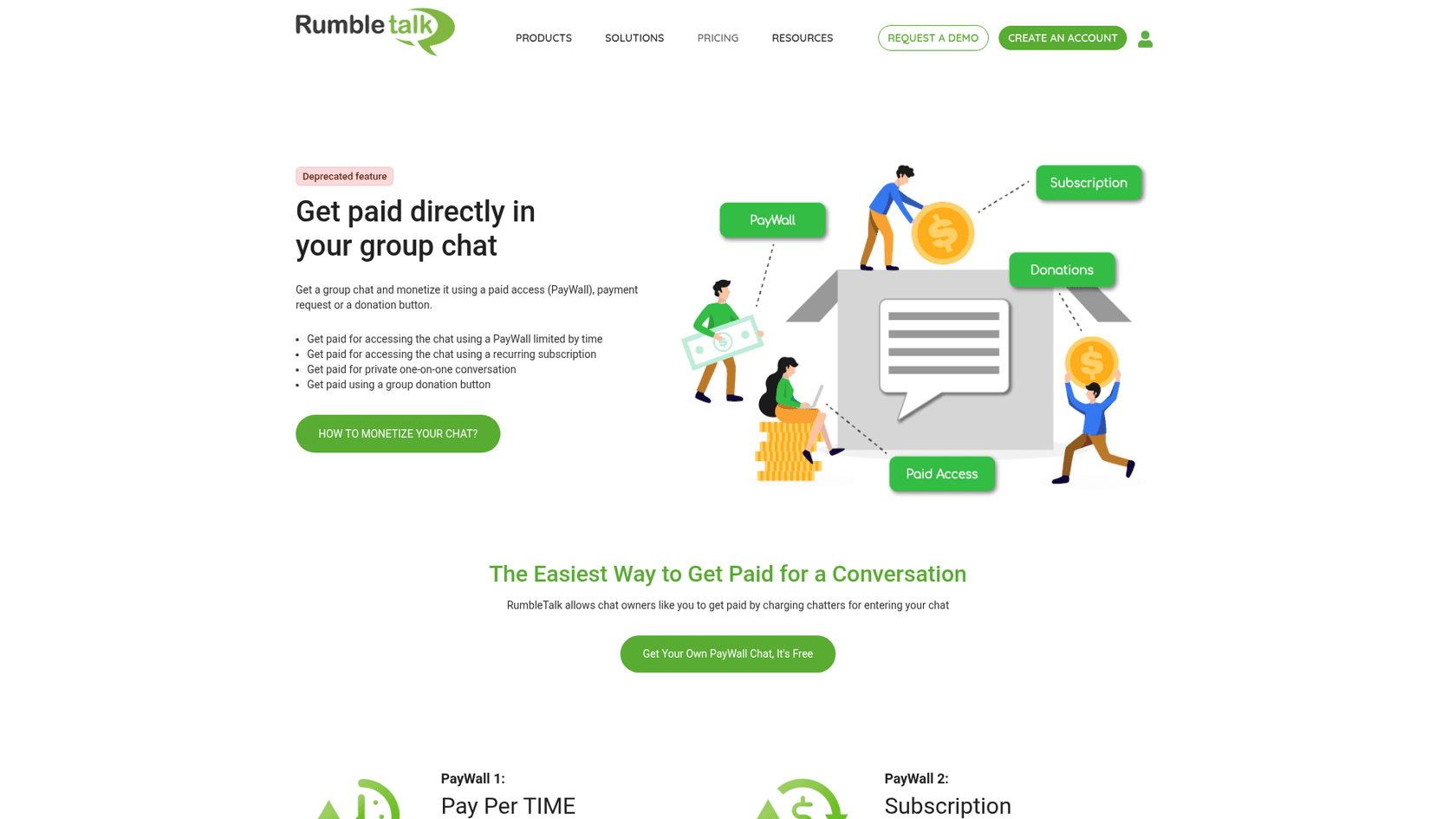 RumbleTalk-Paywall-Seite mit der Kennzeichnung Deprecated feature, die bezahlten Zugang, Abos und Spenden beschreibt, entnommen von RumbleTalk