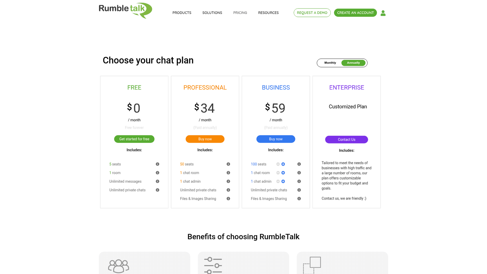 RumbleTalk-Preisseite mit den Tarifen Free, Professional, Business und Enterprise, entnommen von RumbleTalk pricing