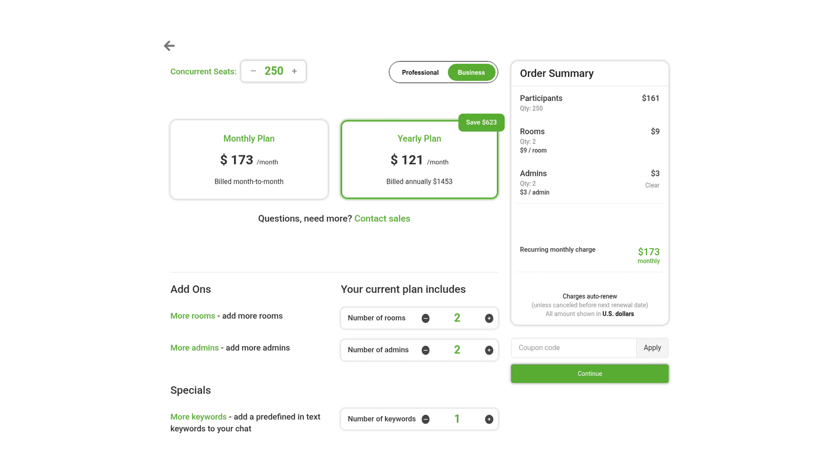 RumbleTalk-Kasse mit 250 gleichzeitigen Plätzen, 2 Räumen und 2 Admins, die 173 $ monatlich oder 1.453 $ jährlich anzeigt, entnommen von RumbleTalk