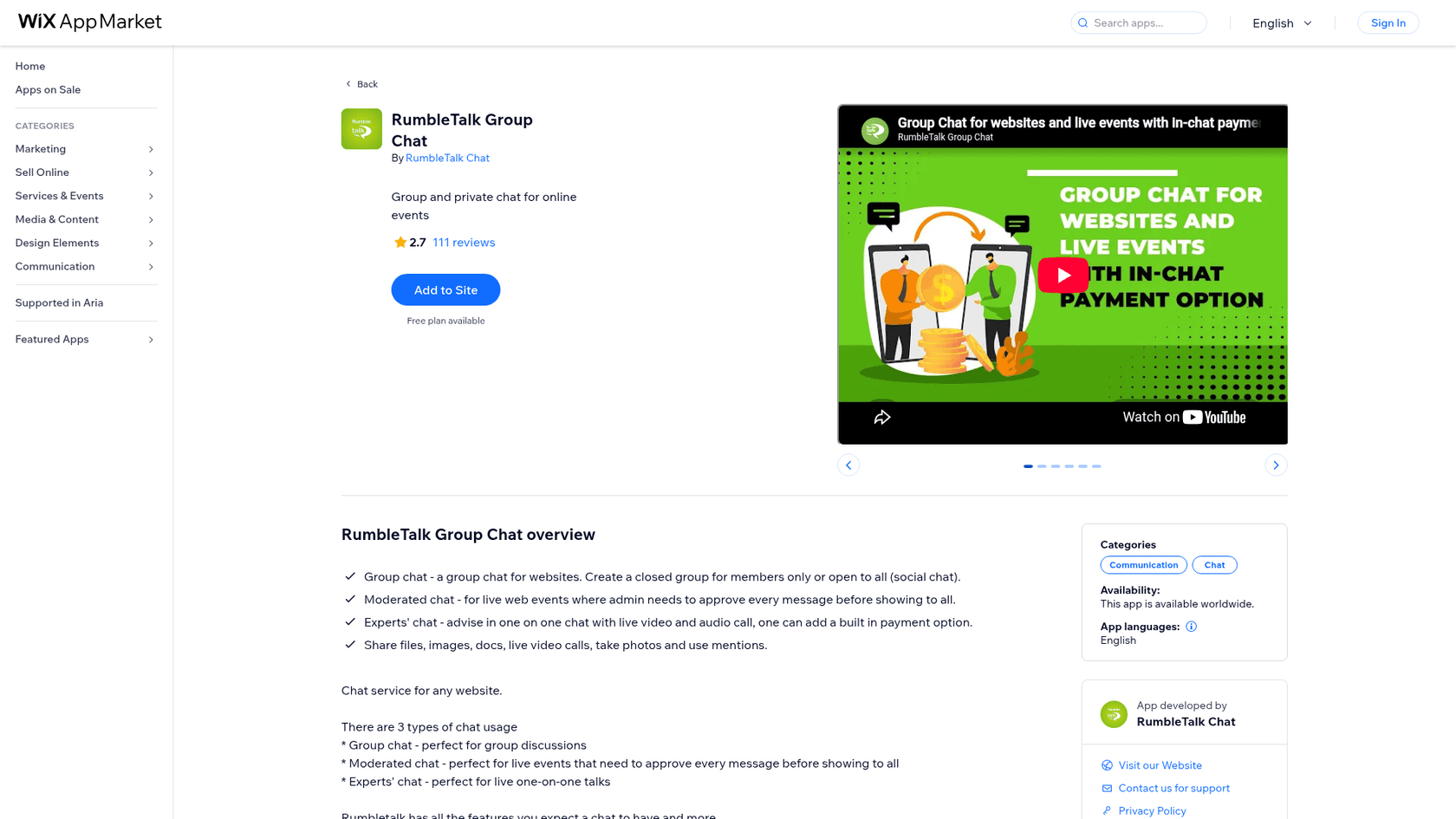 Listing von RumbleTalk Group Chat im Wix App Market mit einer Bewertung von 2,7 bei 111 Rezensionen, entnommen vom Wix App Market