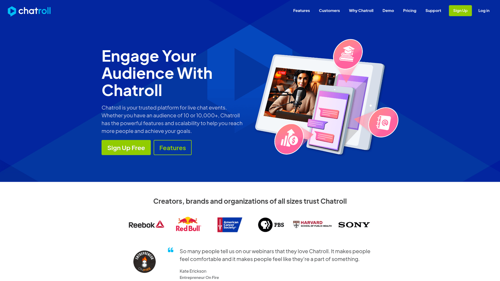 The Chatroll homepage with the headline Engage Your Audience With Chatroll, Sign Up Free and Features buttons, an illustration of a live video with chat bubbles, and logos for Reebok, Red Bull, American Cancer Society, PBS, Harvard School of Public Health and Sony, as taken from Chatroll