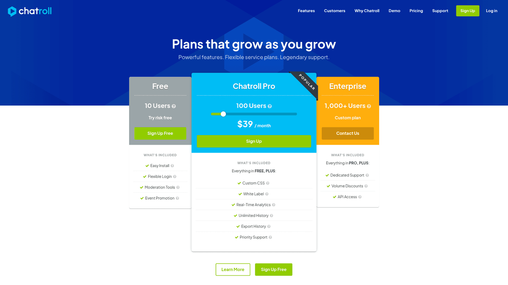 Chatroll's pricing page titled Plans that grow as you grow, showing Free for 10 users, Chatroll Pro at $39 a month for 100 users with custom CSS, white label, real-time analytics, unlimited history, export history and priority support, and Enterprise for 1,000+ users as a custom plan, as taken from Chatroll