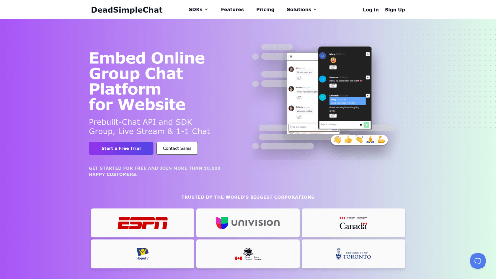 The DeadSimpleChat homepage with the headline Embed Online Group Chat Platform for Website, the subhead Prebuilt-Chat API and SDK, Group, Live Stream and 1-1 Chat, Start a Free Trial and Contact Sales buttons, and logos for ESPN, Univision, the Government of Canada, HopeTV and the University of Toronto, as taken from DeadSimpleChat