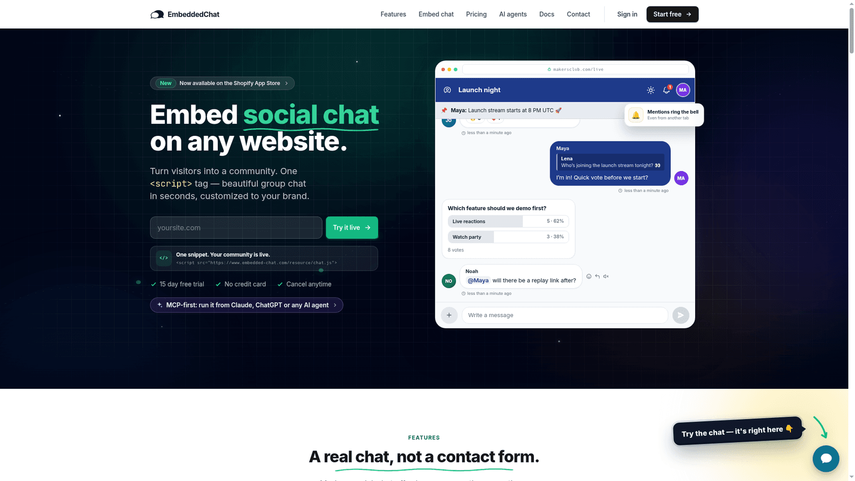 The Embedded Chat homepage with the headline Embed social chat on any website, a Now available on the Shopify App Store badge, a script snippet, and a sample Launch night room with a pinned message, a poll and replies, as taken from Embedded Chat