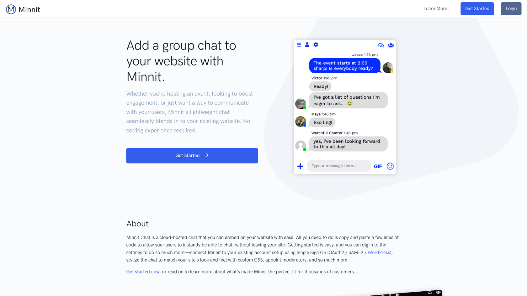 The Minnit Chat homepage with the headline Add a group chat to your website with Minnit, a Get Started button, and a sample chat where Jesse posts The event starts at 2:00 sharp! Is everybody ready? and other users reply, as taken from Minnit