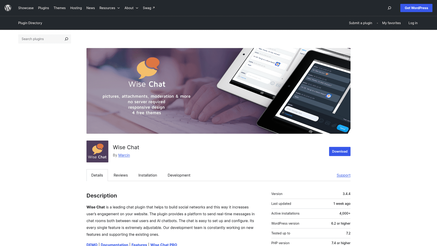 The Wise Chat page in the WordPress plugin directory, showing a banner with the tagline pictures, attachments, moderation and more, no server required, responsive design, 4 free themes, the plugin by Marcin, version 3.4.4, last updated 1 week ago and 4,000+ active installations, as taken from WordPress.org