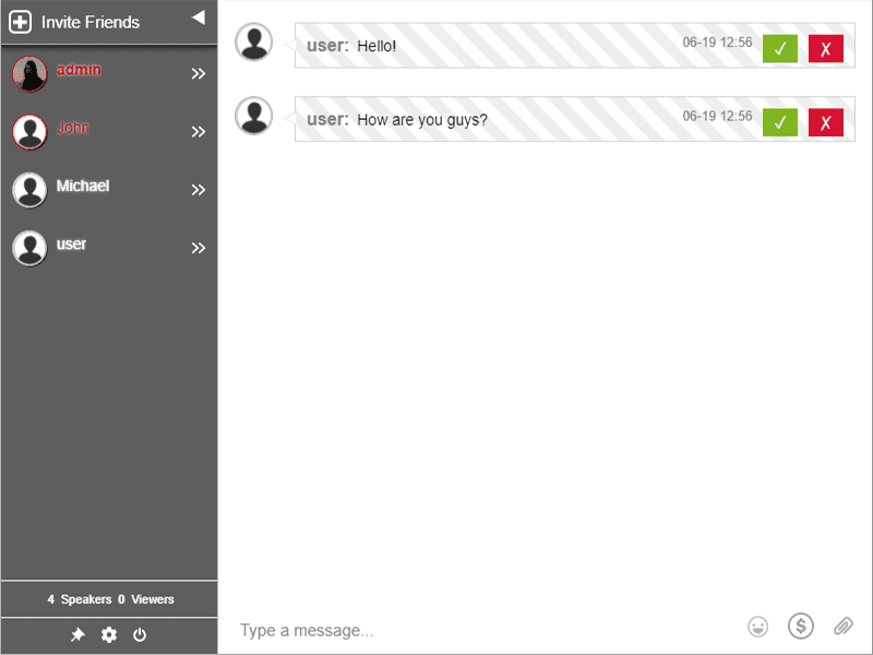 Ein moderierter RumbleTalk-Raum, in dem zwei Nutzernachrichten, Hello! und How are you guys?, in einer gestreiften Warteschlange mit grünen Freigeben- und roten Ablehnen-Buttons warten, neben einer Nutzerliste mit admin, John, Michael und user und einer Anzeige von 4 Sprechern und 0 Zuschauern, aufgenommen von WordPress.org