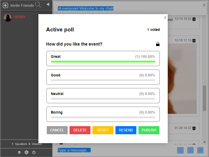 Ein aktives Umfragefenster von RumbleTalk mit der Frage How did you like the event?, mit Great bei 100 % aus einer Stimme und Good, Neutral und Boring bei 0 % sowie den Buttons Cancel, Delete, Reset, Resend und Publish, aufgenommen von WordPress.org