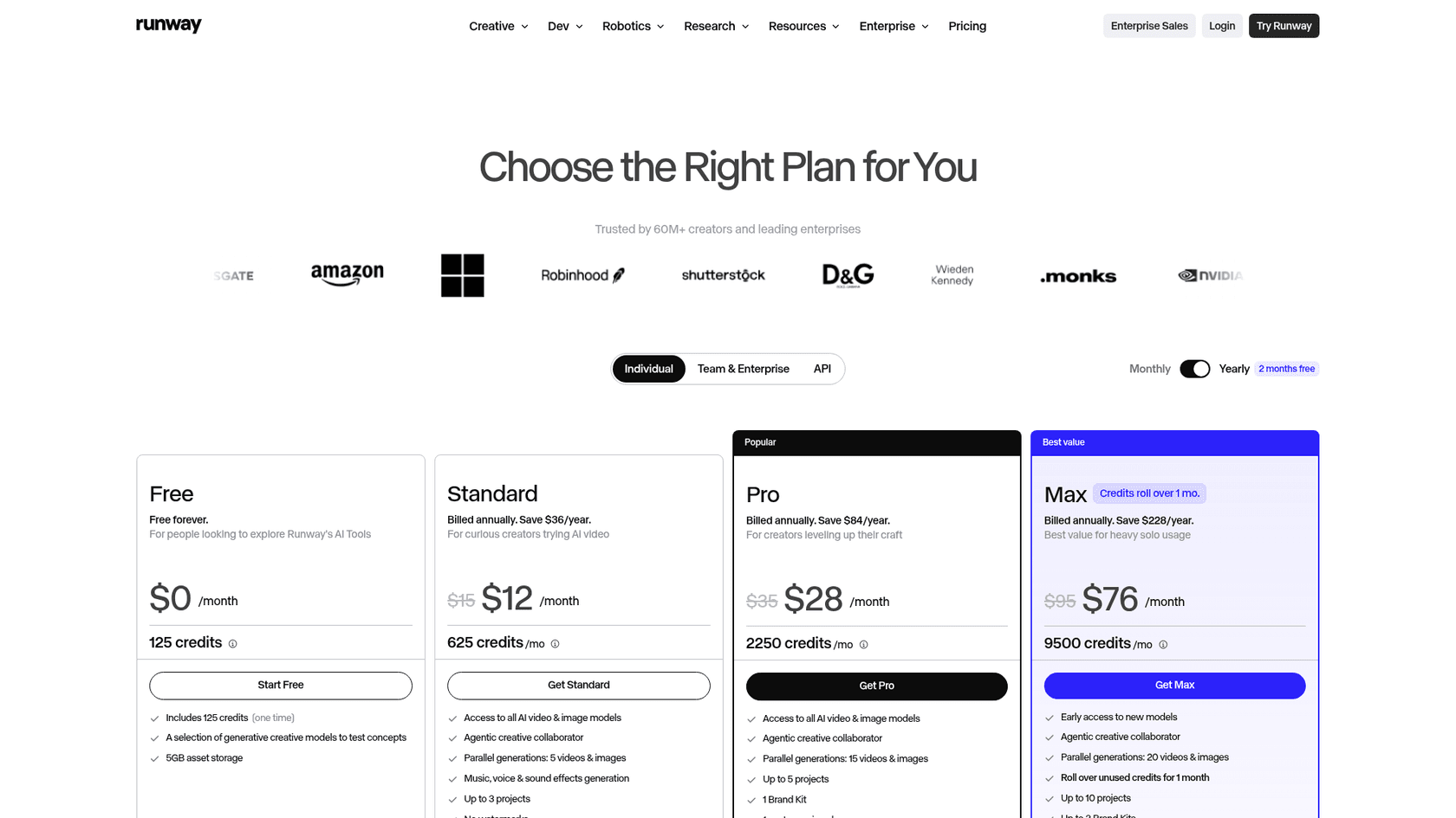 Runway pricing page showing the Free, Standard, Pro and Max plans, as taken from Runway