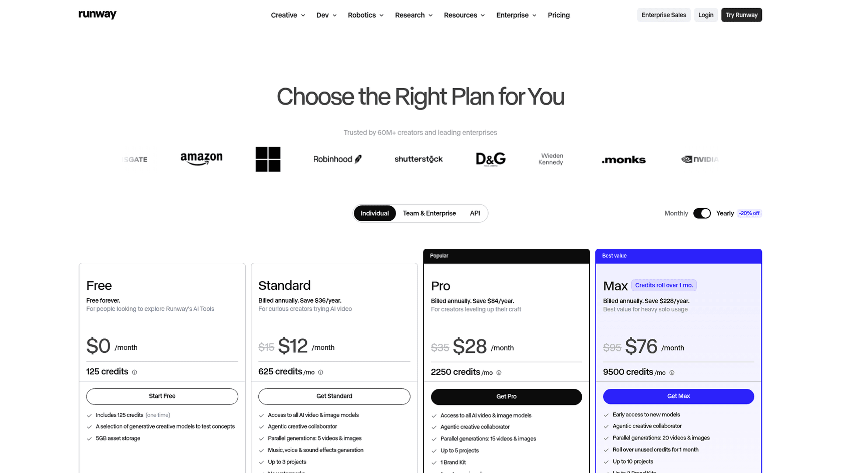 Runway's pricing page with the Free, Standard, Pro, and Max plans, as taken from Runway