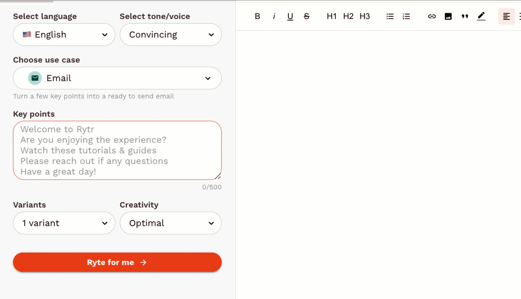 Rytr AI writing interface with tone-of-voice customization