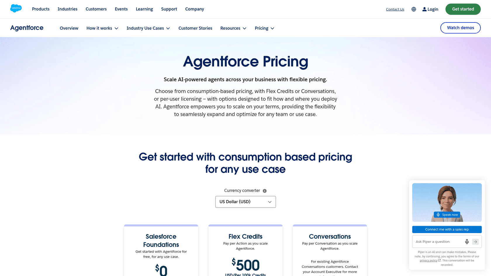 The Salesforce Agentforce pricing page listing Flex Credits at $500 per 100k credits, one of the best AI tools for Salesforce to boost CRM performance.