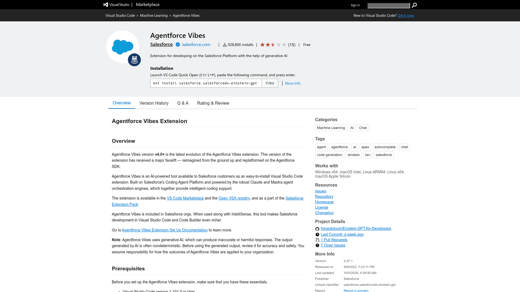 The Agentforce Vibes extension listing in the VS Code Marketplace, the current name of Einstein for Developers, as taken from Visual Studio Marketplace.
