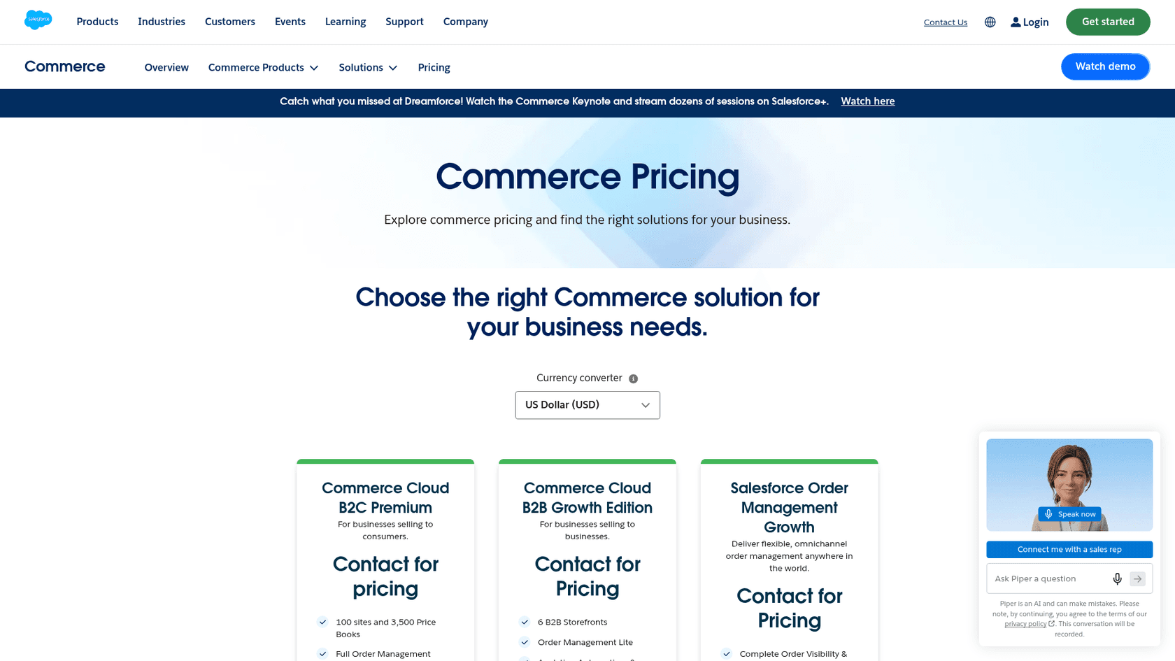 Salesforce's commerce pricing page showing Contact for pricing on the B2C Premium and B2B Growth editions, as taken from Salesforce