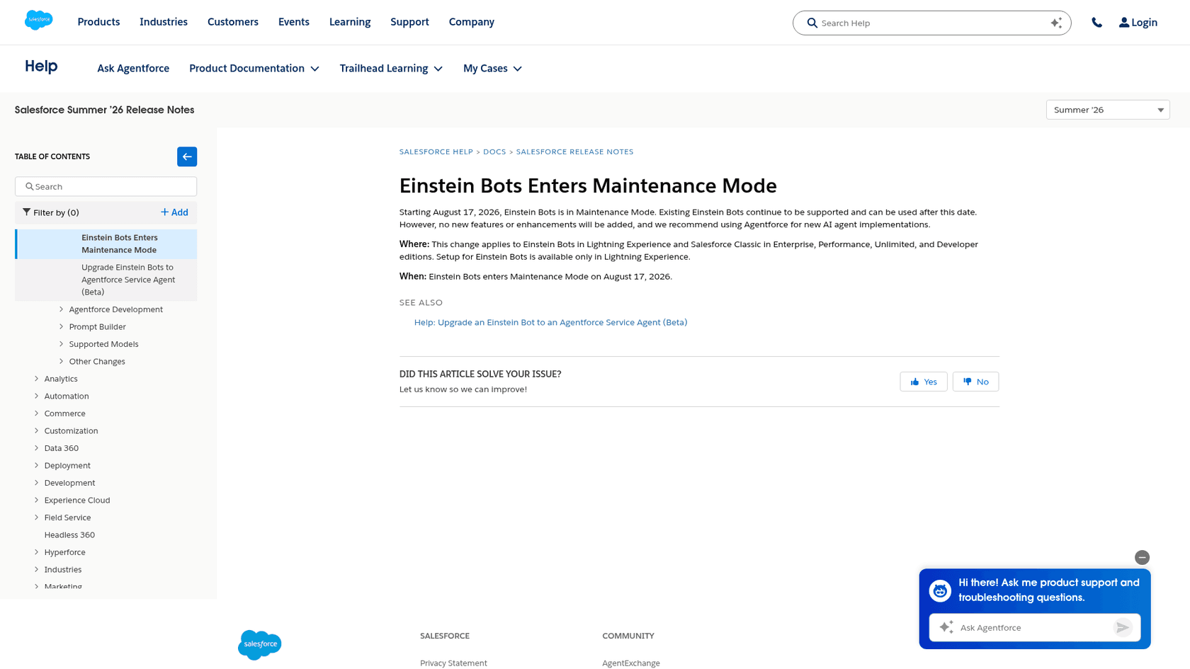 The Einstein Bots Enters Maintenance Mode release note, as taken from Salesforce Help