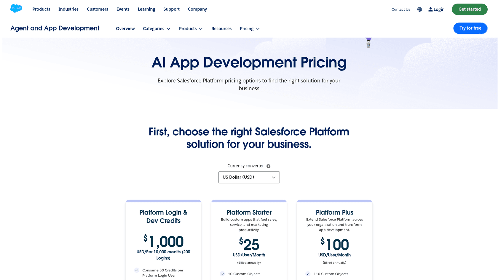 Salesforce's Platform pricing page listing Platform Starter at $25 and Platform Plus at $100 per user per month, as taken from Salesforce