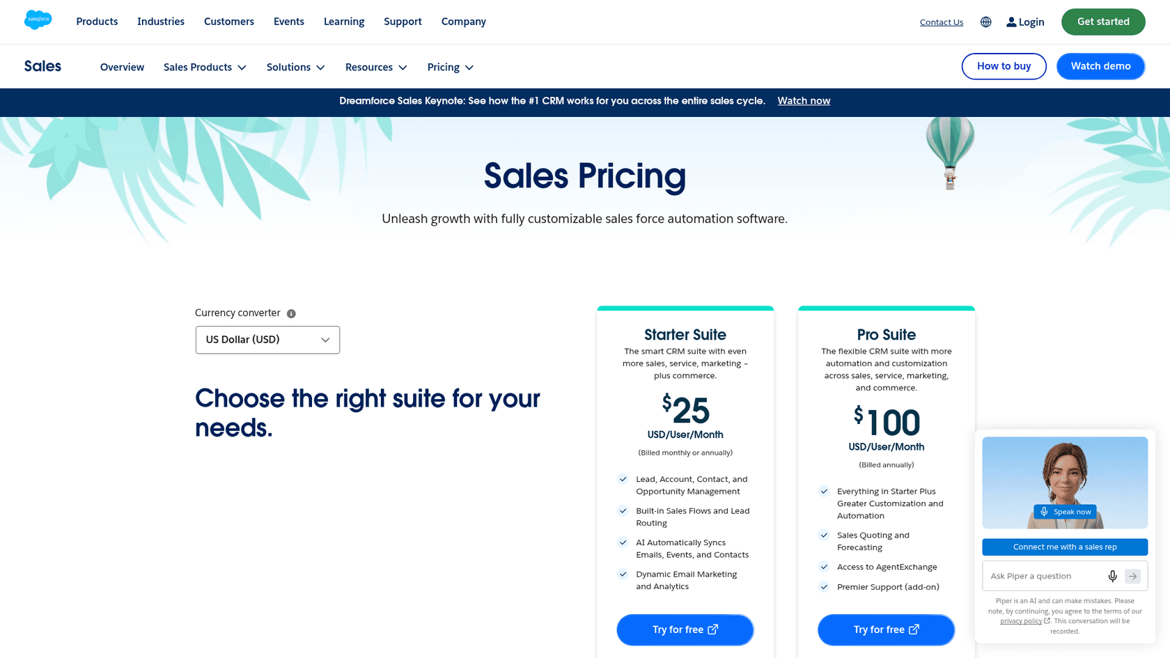 The Salesforce Sales Cloud pricing page with the edition cards and per-user prices, as taken from Salesforce's Sales pricing page.
