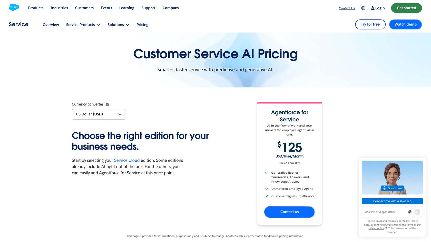 Salesforce's Customer Service AI pricing page listing Agentforce for Service at $125 per user per month, as taken from Salesforce